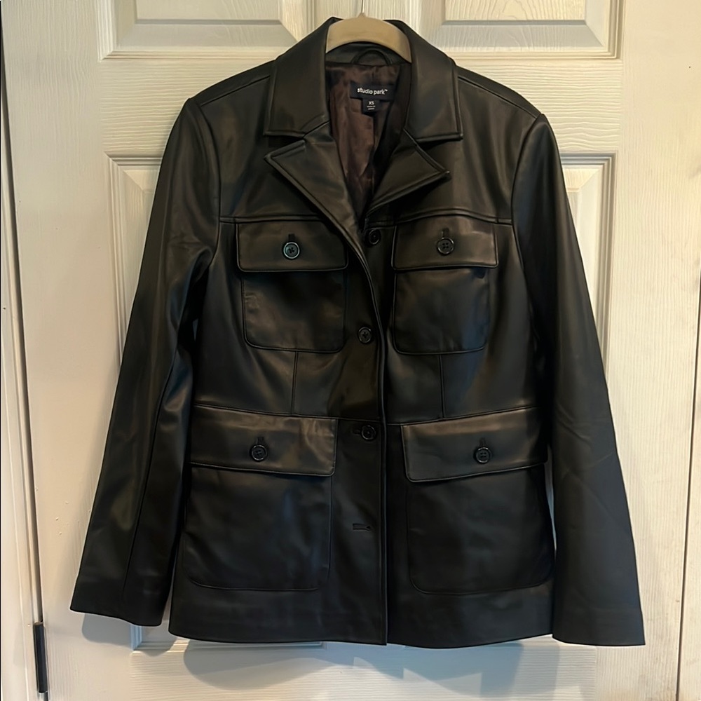 Studio Black Faux Leather Jacket Utilitarian Design